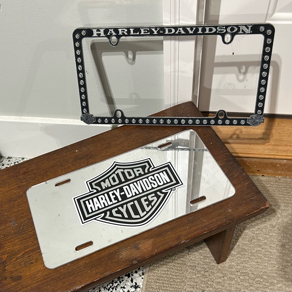 Harley Davidson license plate and a plate frame